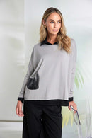 Placement Print Round Neck Top - Taupe/black