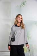 Placement Print Round Neck Top - Taupe/black