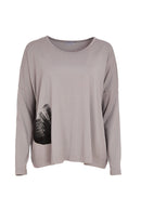 Placement Print Round Neck Top - Taupe/black