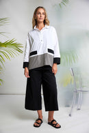 Contrast Hem Panel Placket Blouse - White & Taupe