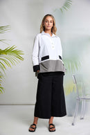 Contrast Hem Panel Placket Blouse - White & Taupe