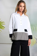 Contrast Hem Panel Placket Blouse - White & Taupe