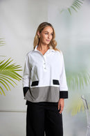Contrast Hem Panel Placket Blouse - White & Taupe