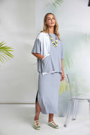 Mixed Panel Round Neck Top - Dove & White