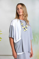 Mixed Panel Round Neck Top - Dove & White