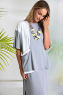 Mixed Panel Round Neck Top - Dove & White