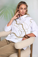 Contrast Hem Panel Placket Print Top - White & Tan