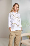 Contrast Hem Panel Placket Print Top - White & Tan