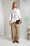 Contrast Hem Panel Placket Print Top - White & Tan