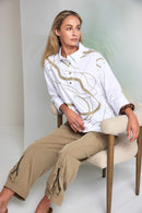 Contrast Hem Panel Placket Print Top - White & Tan