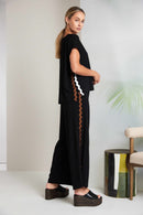 Contrast Ribbon Trim Seam V Neck Top - Black & Cocoa