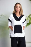 Contrast Hood Jacquard Top - White/black