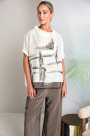 Contrast Hem Print High Neck Top - Cream/taupe