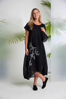 Placement Print Waisted Dress - Black/white