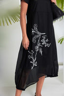 Placement Print Waisted Dress - Black/white