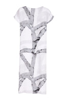 Ribbon Print Round Neck Dress - White & Granite