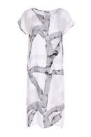 Ribbon Print Round Neck Dress - White & Granite