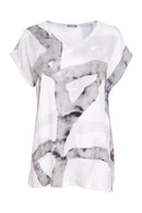 Ribbon Print V Neck Top - White & Granite