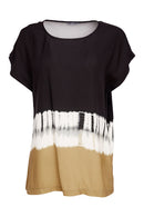 Border Print Tie Dye Round Neck Top - Tan & Black