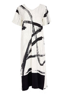 Brush Stroke Contrast Hemline Dress - Cream & Black