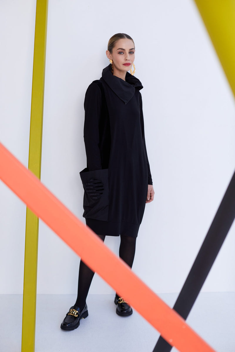 Zip Collar Tunic Dress - Black