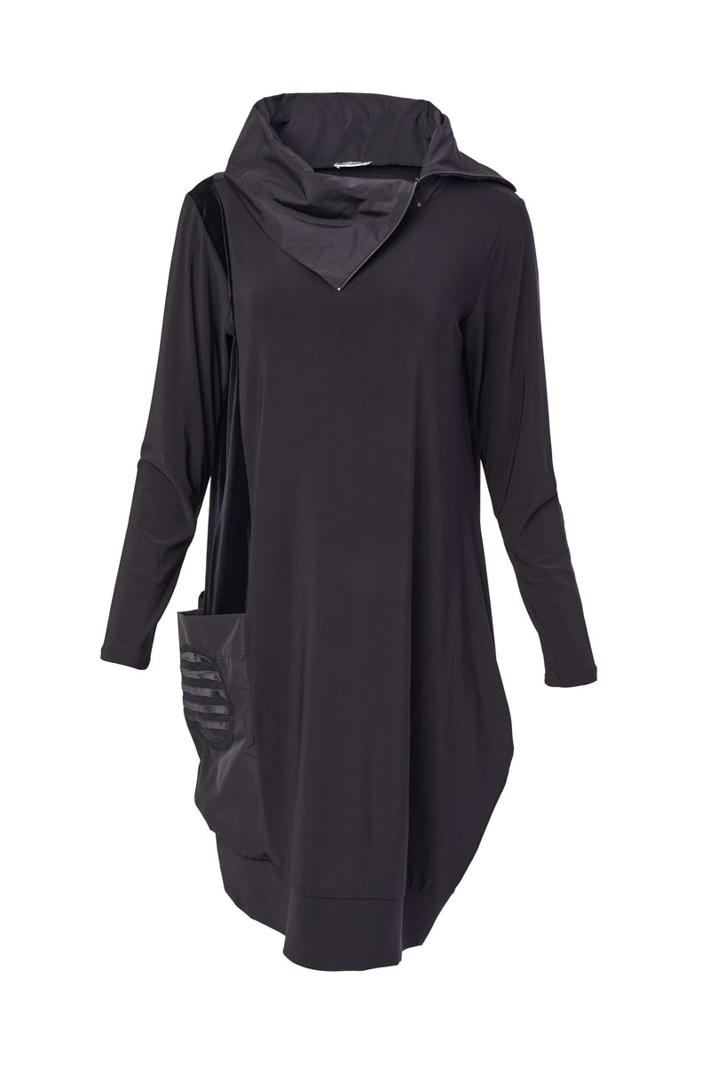 Zip Collar Tunic Dress - Black