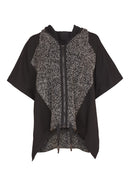 Jaquard Hooded Curved Hem Top - Black/grey