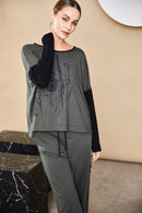 Contrast Sleeve Placement Print Top - Anthracite/black