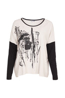 Contrast Sleeve Placement Print Top - Sand/black