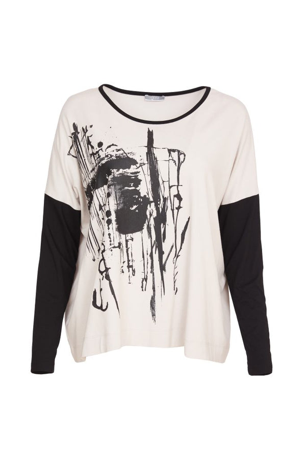 Contrast Sleeve Placement Print Top - Sand/black