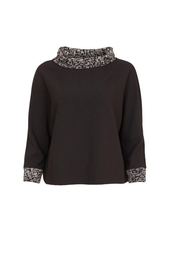 Wool Mix Print Neckline Top - Black/sand