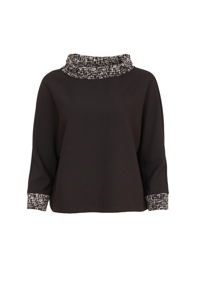 Wool Mix Print Neckline Top - Black/sand