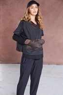 Stripe Pocket Drawstring Hem Top - Black/cocoa