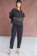 Stripe Pocket Drawstring Hem Top - Black/cocoa