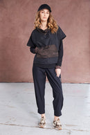 Stripe Pocket Drawstring Hem Top - Black/cocoa