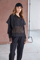 Stripe Pocket Drawstring Hem Top - Black/cocoa