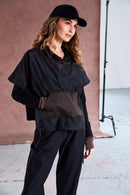 Stripe Pocket Drawstring Hem Top - Black/cocoa