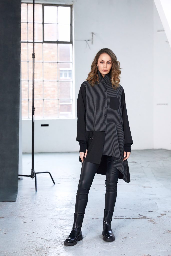 Angled Hem Stripe Blouse - Black/grey