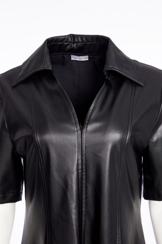 Lace Effect Hem Leatherette Dress - Black