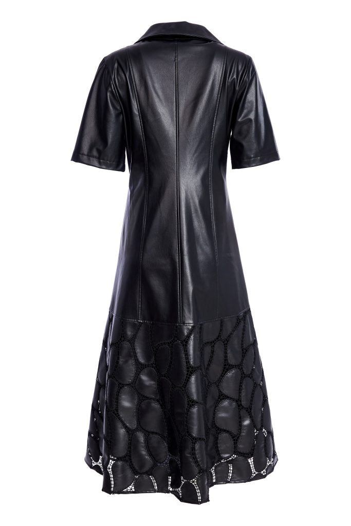Lace Effect Hem Leatherette Dress - Black