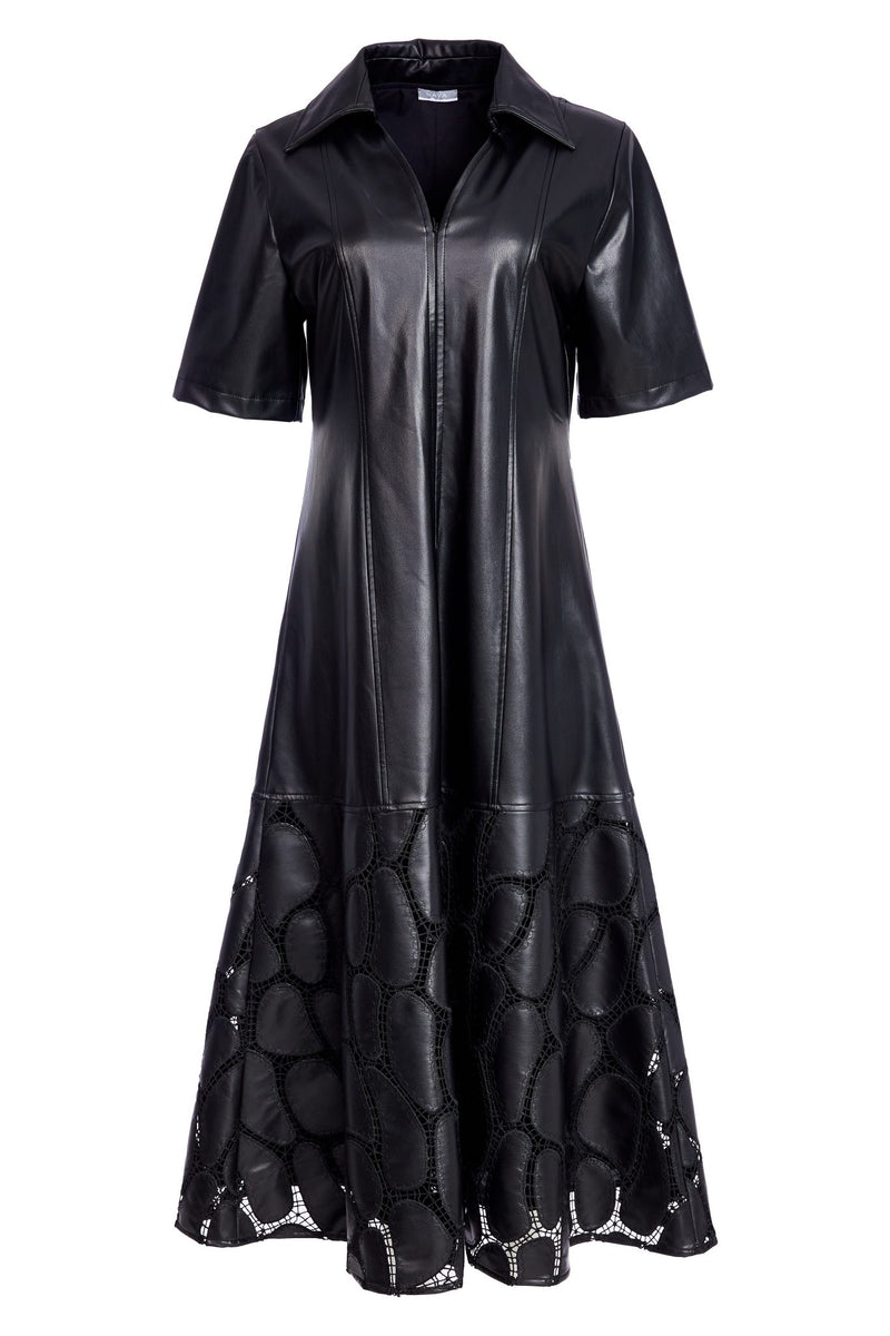 Lace Effect Hem Leatherette Dress - Black