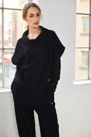 Collar Detail Embossed Knit Top - Black