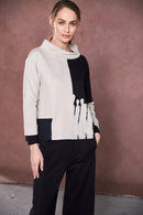 Print 2 Tone Funnel Neck Top - Black/sand