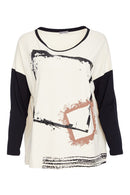 Contrast Sleeve Placement Print Top - Sand/black