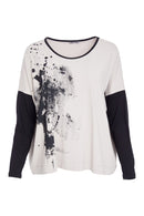 Contrast Sleeve Placement Print Top - Taupe/black