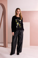 Colour Block Placement Print Top - Black/thyme