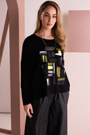 Colour Block Placement Print Top - Black/thyme