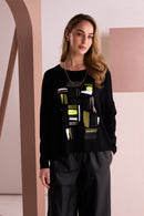 Colour Block Placement Print Top - Black/thyme