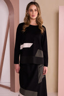 Color Inset Bands Round Neck Top - Black/thyme