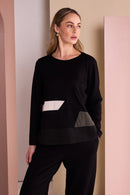 Color Inset Bands Round Neck Top - Black/thyme